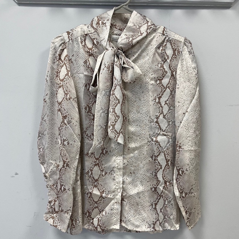 Bishop + Young Snakeskin Motif Long Sleeve Blouse w/ Tie Neck - XS - NWOT